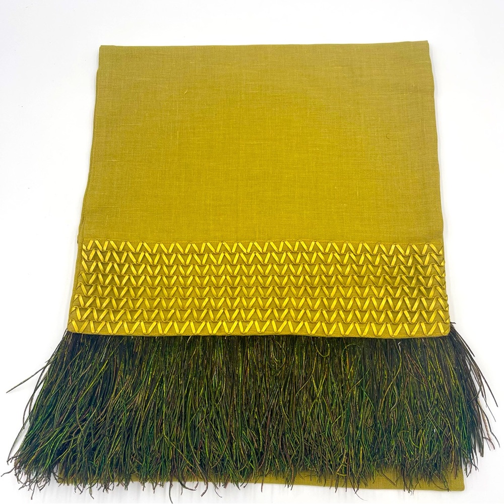 Dransfield Ross Gold Peridot Linen Table Runner W/Peacock Feather Fringe NEW!!!